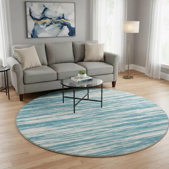 8' Teal And Ivory Striped Washable Round Rug With UV Protection Photo 2