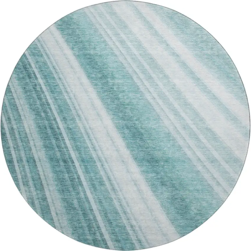 8' Teal And Ivory Striped Washable Round Rug With UV Protection Photo 1