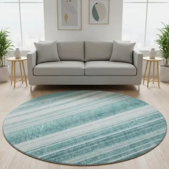 8' Teal And Ivory Striped Washable Round Rug With UV Protection Photo 2
