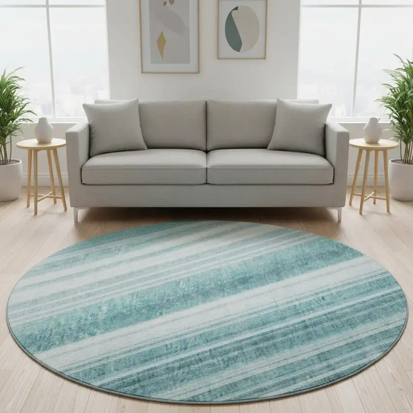 8' Teal And Ivory Striped Washable Round Rug With UV Protection Photo 2