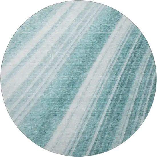 8' Teal And Ivory Striped Washable Round Rug With UV Protection Photo 2