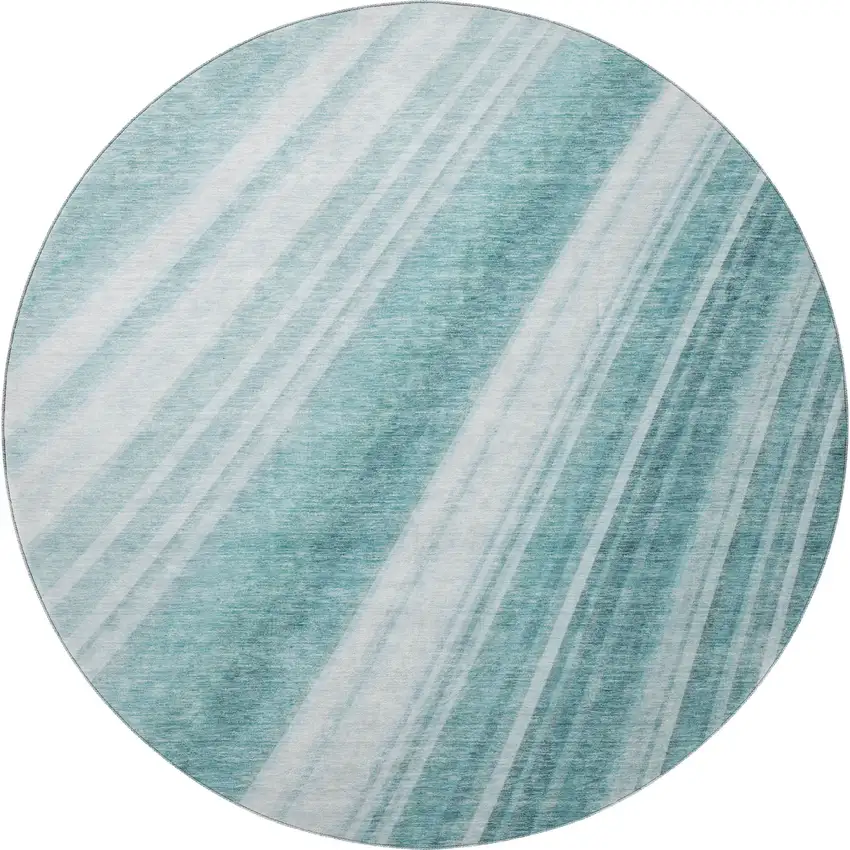 8' Teal And Ivory Striped Washable Round Rug With UV Protection Photo 2