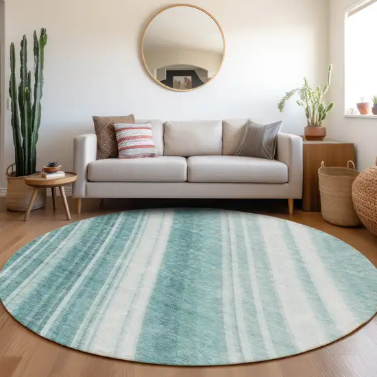 8' Teal And Ivory Striped Washable Round Rug With UV Protection Photo 3