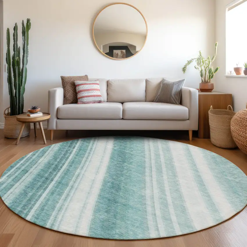 8' Teal And Ivory Striped Washable Round Rug With UV Protection Photo 3