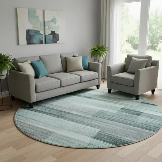 8' Teal And Ivory Striped Washable Round Rug With UV Protection Photo 2