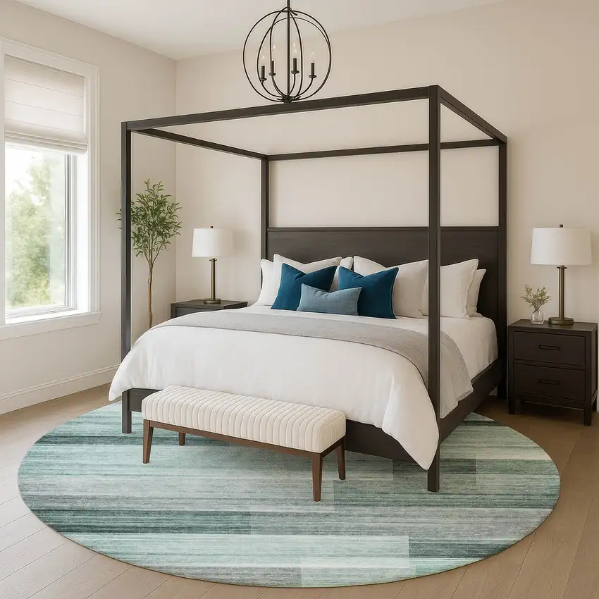 8' Teal And Ivory Striped Washable Round Rug With UV Protection Photo 5