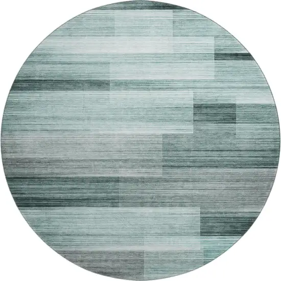 8' Teal And Ivory Striped Washable Round Rug With UV Protection Photo 1