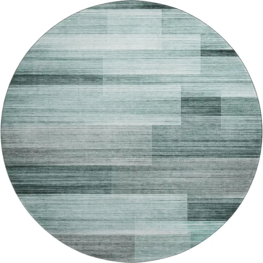 8' Teal And Ivory Striped Washable Round Rug With UV Protection Photo 1