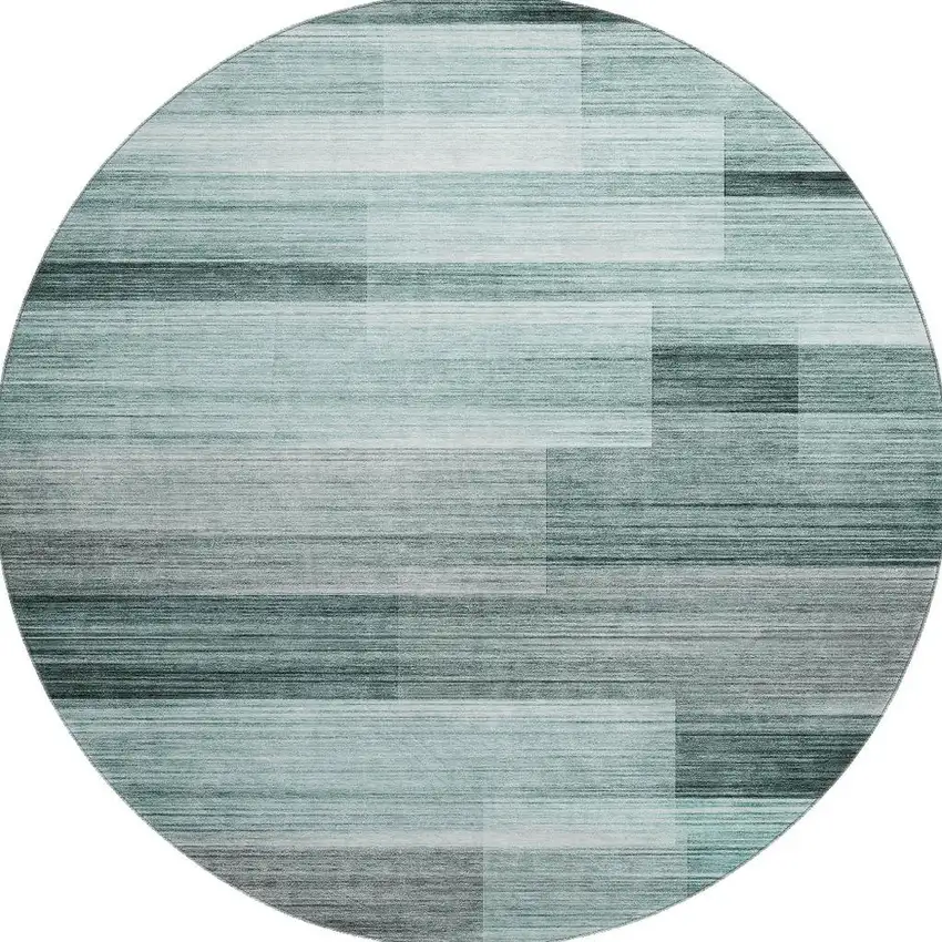8' Teal And Ivory Striped Washable Round Rug With UV Protection Photo 4