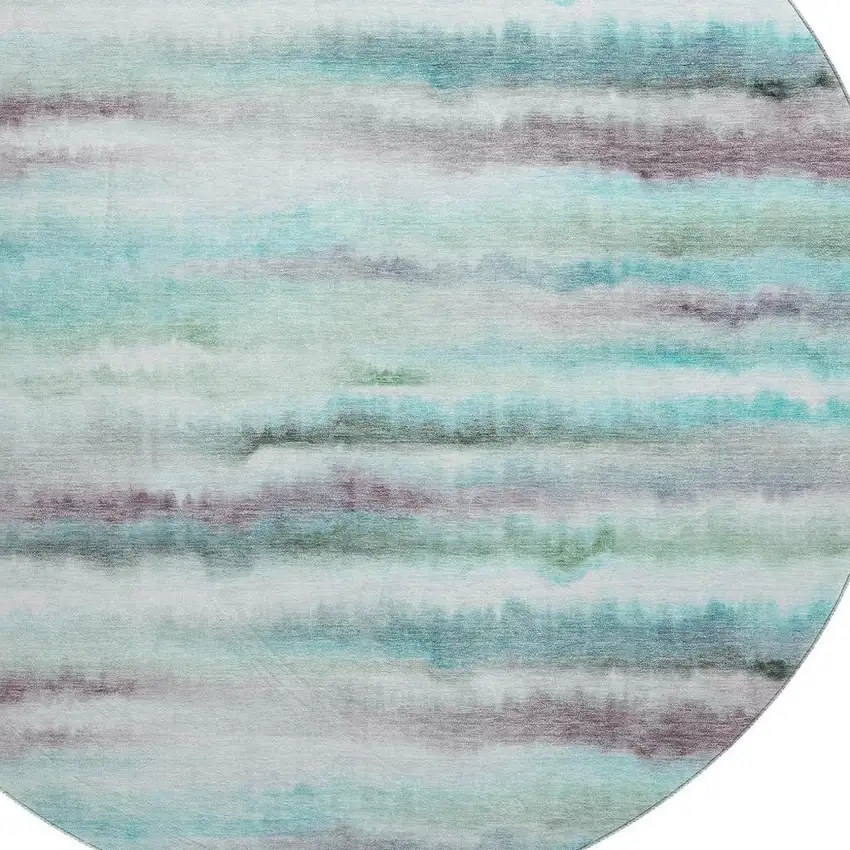 8' Teal And Ivory Striped Washable Round Rug With UV Protection Photo 3