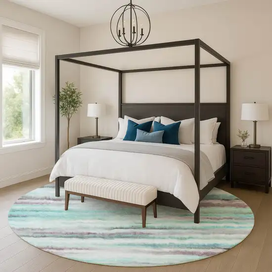 8' Teal And Ivory Striped Washable Round Rug With UV Protection Photo 5