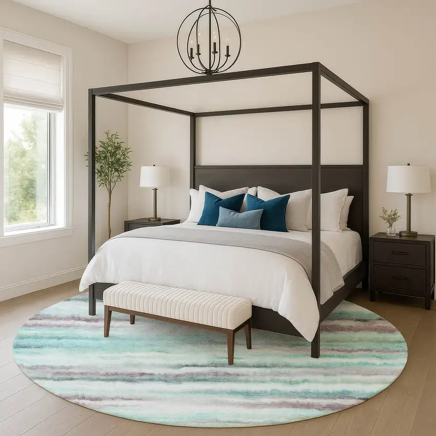 8' Teal And Ivory Striped Washable Round Rug With UV Protection Photo 5