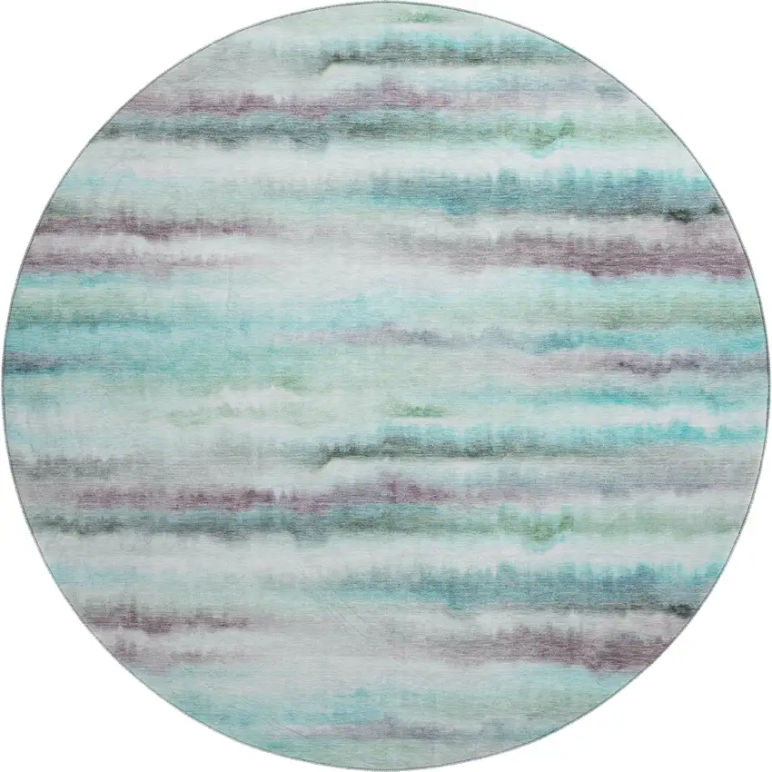 8' Teal And Ivory Striped Washable Round Rug With UV Protection Photo 1