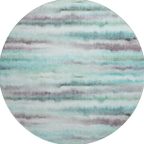 8' Teal And Ivory Striped Washable Round Rug With UV Protection Photo 4