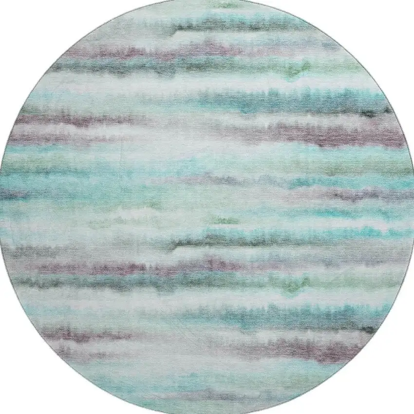 8' Teal And Ivory Striped Washable Round Rug With UV Protection Photo 4