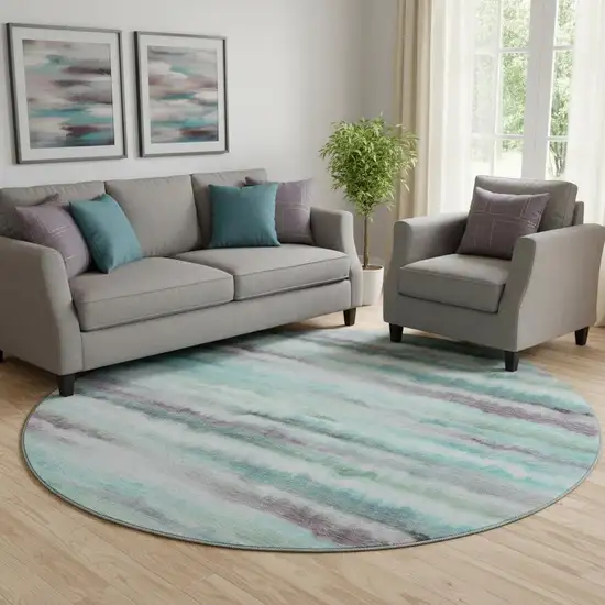 8' Teal And Ivory Striped Washable Round Rug With UV Protection Photo 2