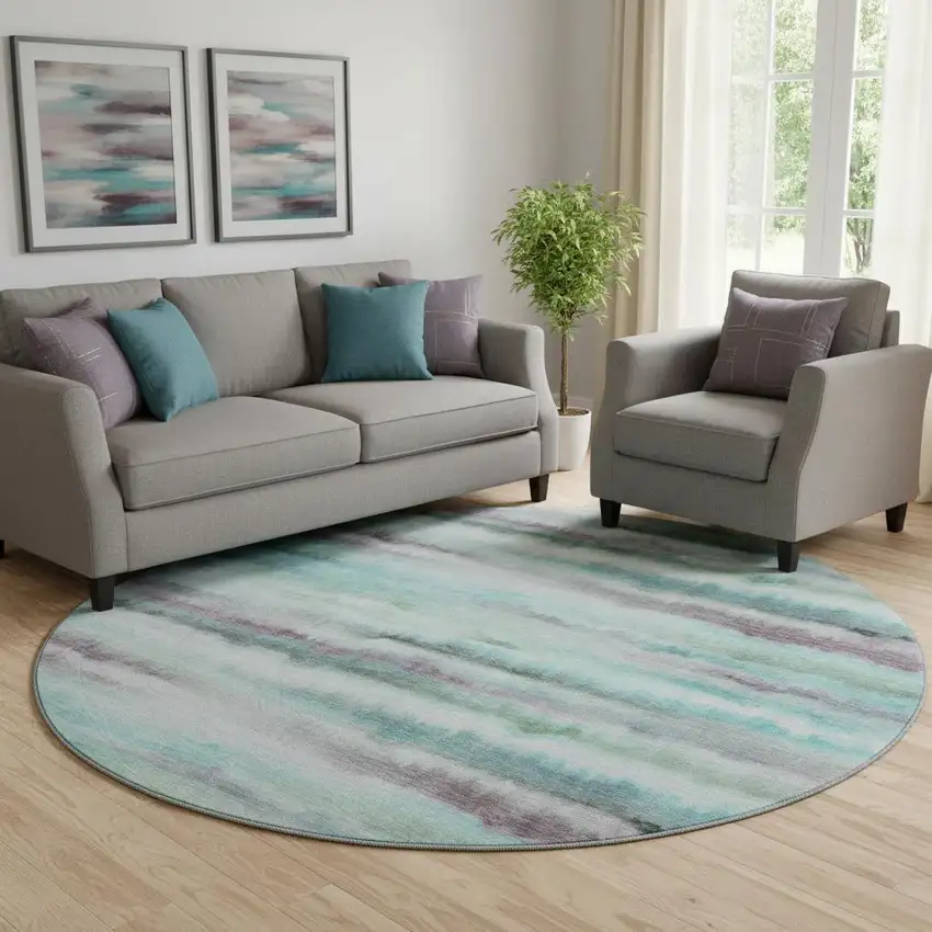 8' Teal And Ivory Striped Washable Round Rug With UV Protection Photo 2