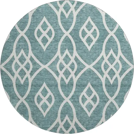 8' Teal And Ivory Trellis Washable Round Rug With UV Protection Photo 1