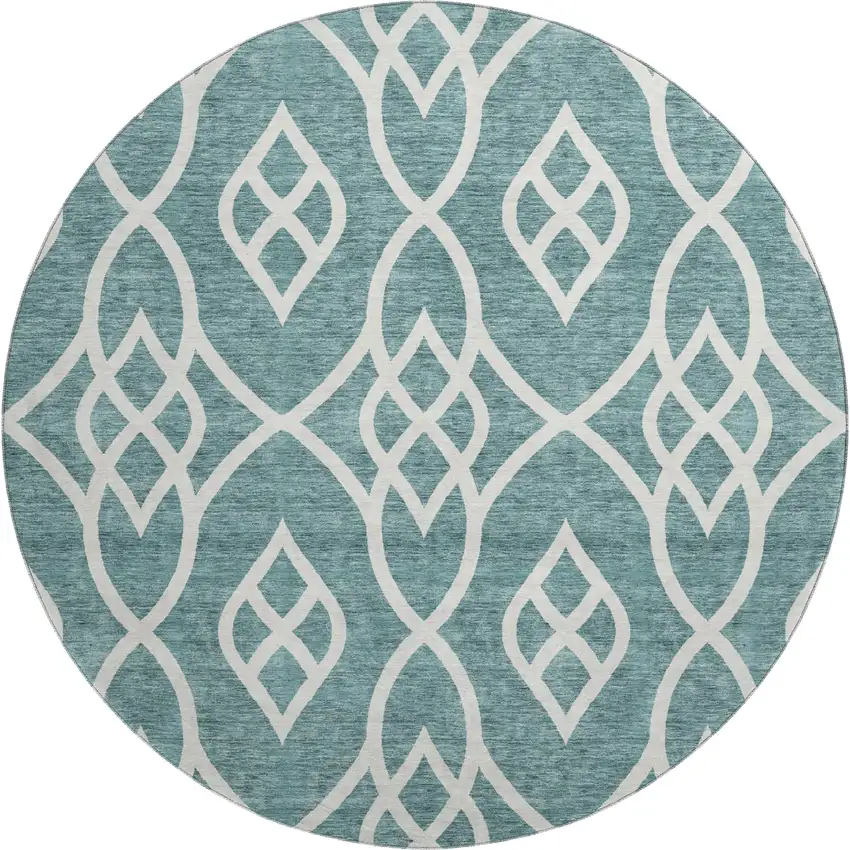 8' Teal And Ivory Trellis Washable Round Rug With UV Protection Photo 1