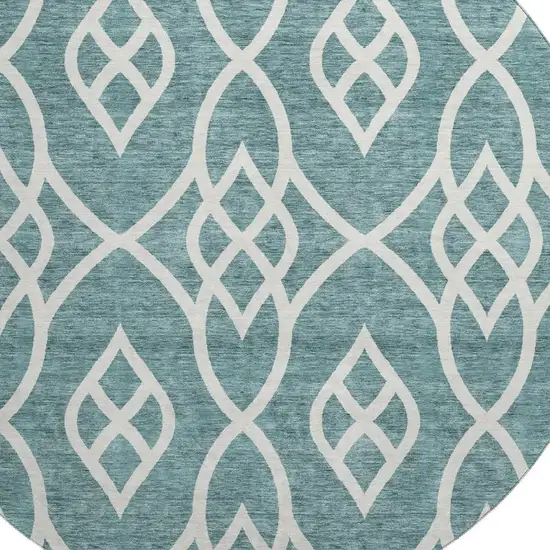 8' Teal And Ivory Trellis Washable Round Rug With UV Protection Photo 3