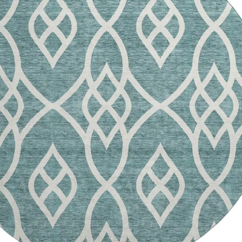 8' Teal And Ivory Trellis Washable Round Rug With UV Protection Photo 3
