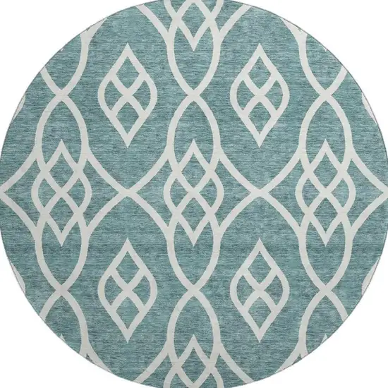 8' Teal And Ivory Trellis Washable Round Rug With UV Protection Photo 4