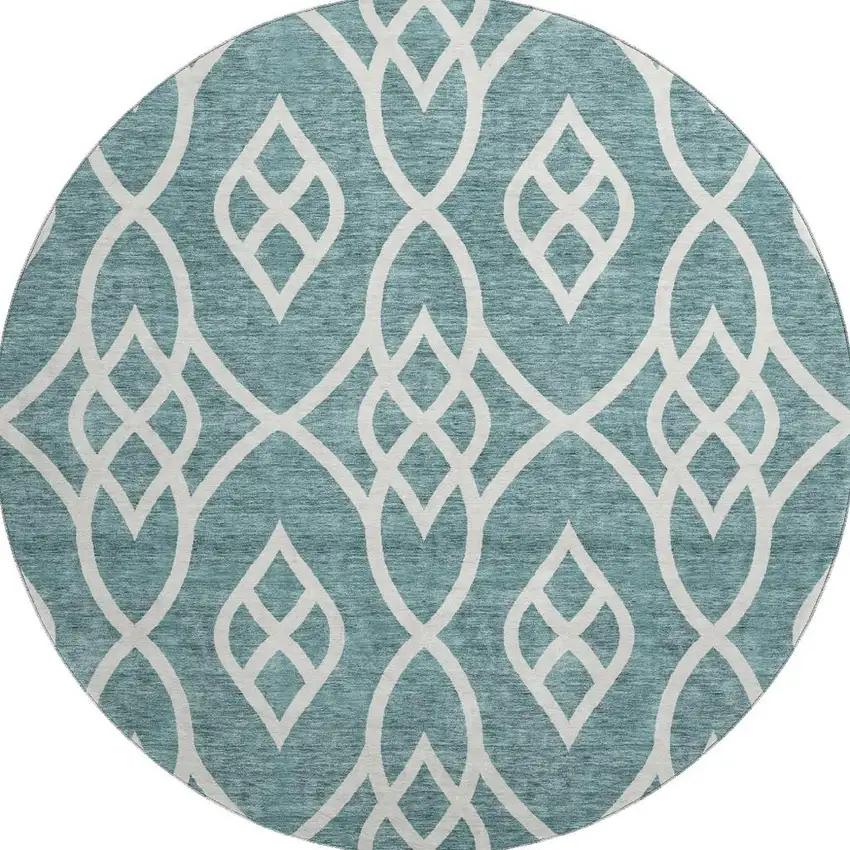 8' Teal And Ivory Trellis Washable Round Rug With UV Protection Photo 4