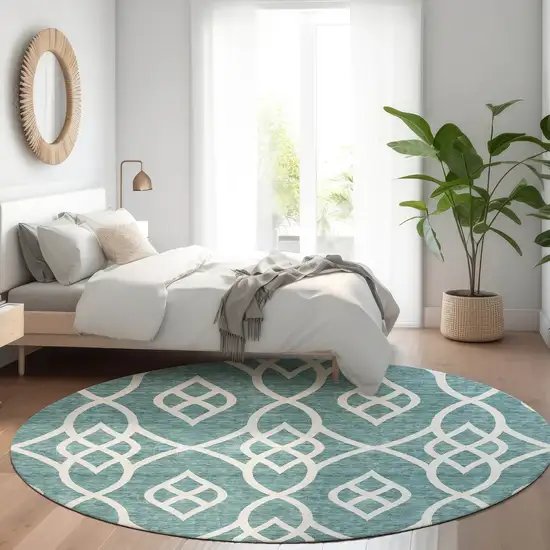 8' Teal And Ivory Trellis Washable Round Rug With UV Protection Photo 5