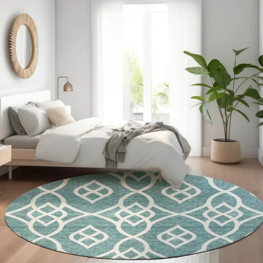 8' Teal And Ivory Trellis Washable Round Rug With UV Protection Photo 5