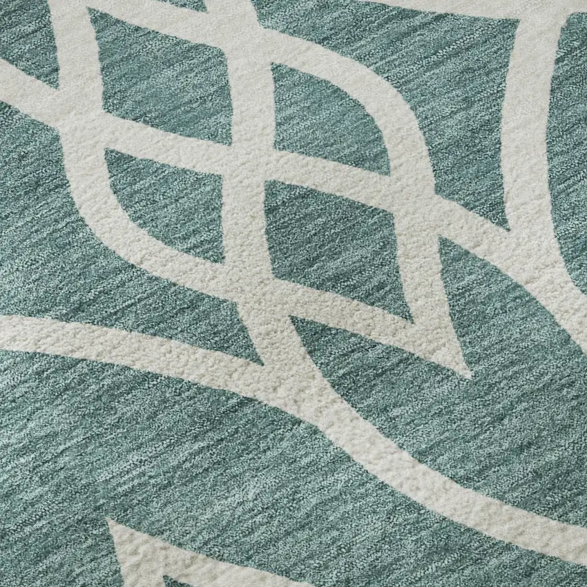 8' Teal And Ivory Trellis Washable Round Rug With UV Protection Photo 9