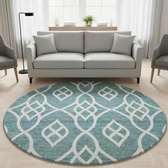 8' Teal And Ivory Trellis Washable Round Rug With UV Protection Photo 2