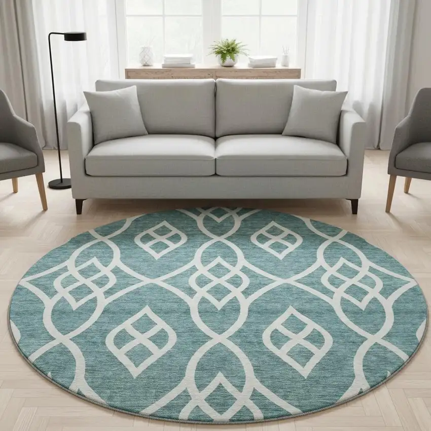 8' Teal And Ivory Trellis Washable Round Rug With UV Protection Photo 2