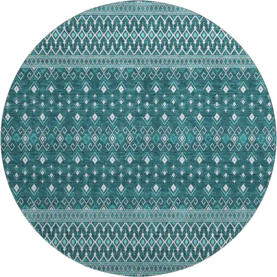 8' Teal And Ivory Tribal Washable Round Rug With UV Protection Photo 1