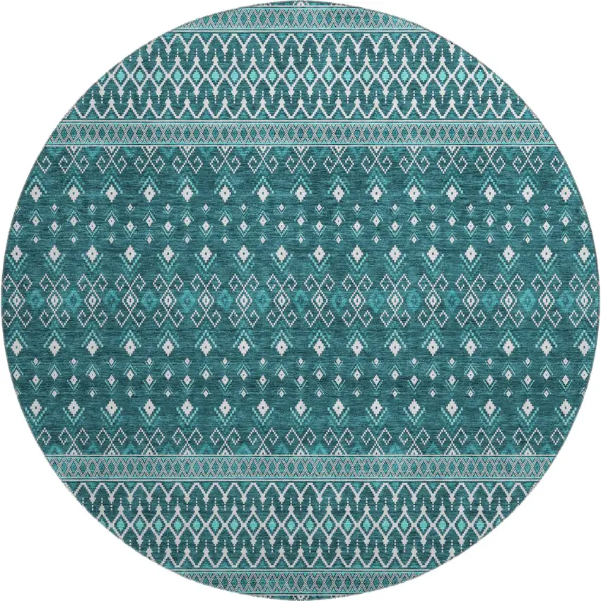 8' Teal And Ivory Tribal Washable Round Rug With UV Protection Photo 1