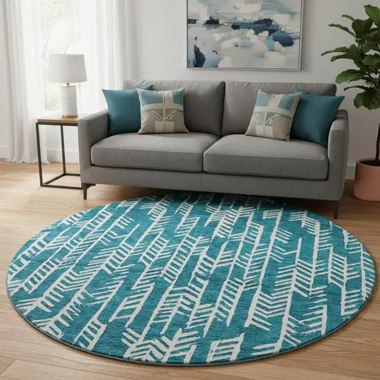 8' Teal And Ivory Tribal Washable Round Rug With UV Protection Photo 2