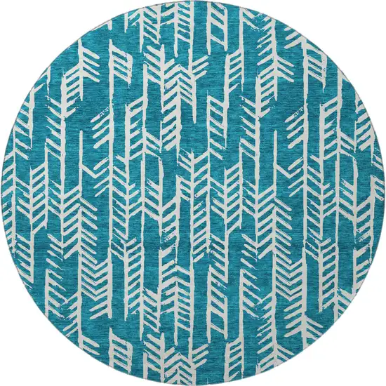 8' Teal And Ivory Tribal Washable Round Rug With UV Protection Photo 4
