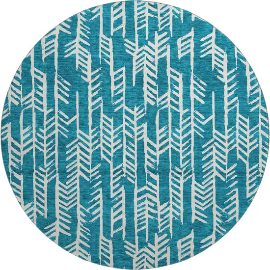 8' Teal And Ivory Tribal Washable Round Rug With UV Protection Photo 1