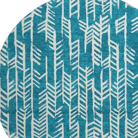 8' Teal And Ivory Tribal Washable Round Rug With UV Protection Photo 3