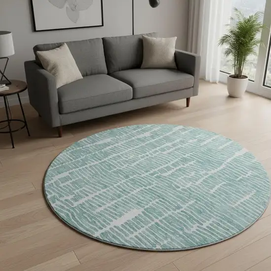 8' Teal And Ivory Vermicular Washable Round Rug With UV Protection Photo 2