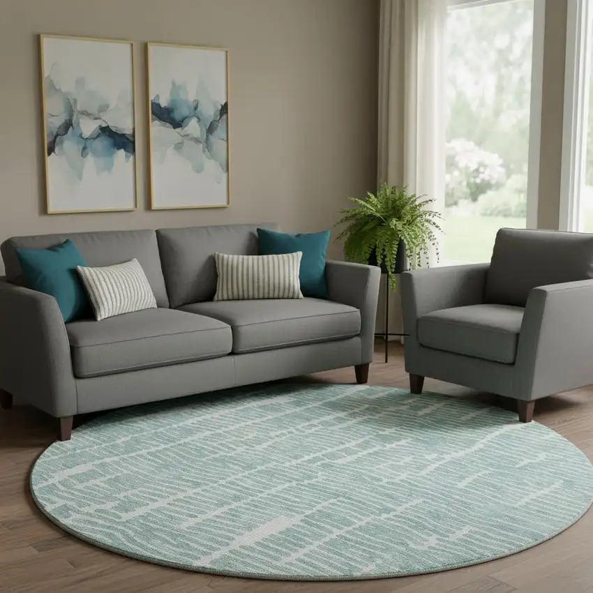 8' Teal And Ivory Vermicular Washable Round Rug With UV Protection Photo 1