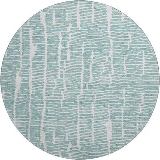 8' Teal And Ivory Vermicular Washable Round Rug With UV Protection Photo 1
