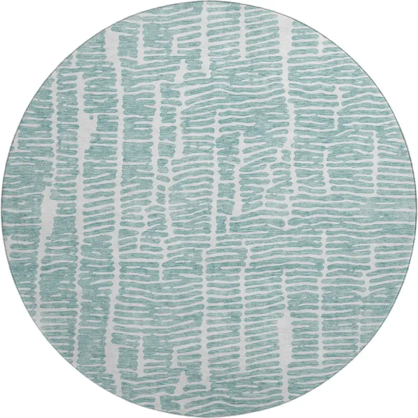 8' Teal And Ivory Vermicular Washable Round Rug With UV Protection Photo 1
