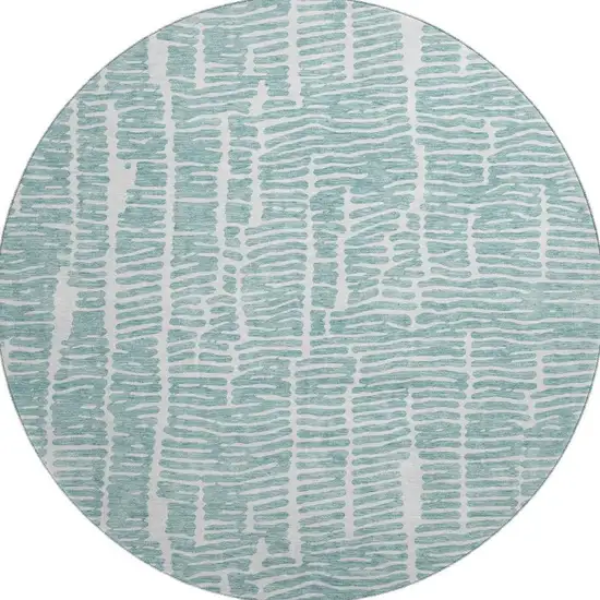 8' Teal And Ivory Vermicular Washable Round Rug With UV Protection Photo 4