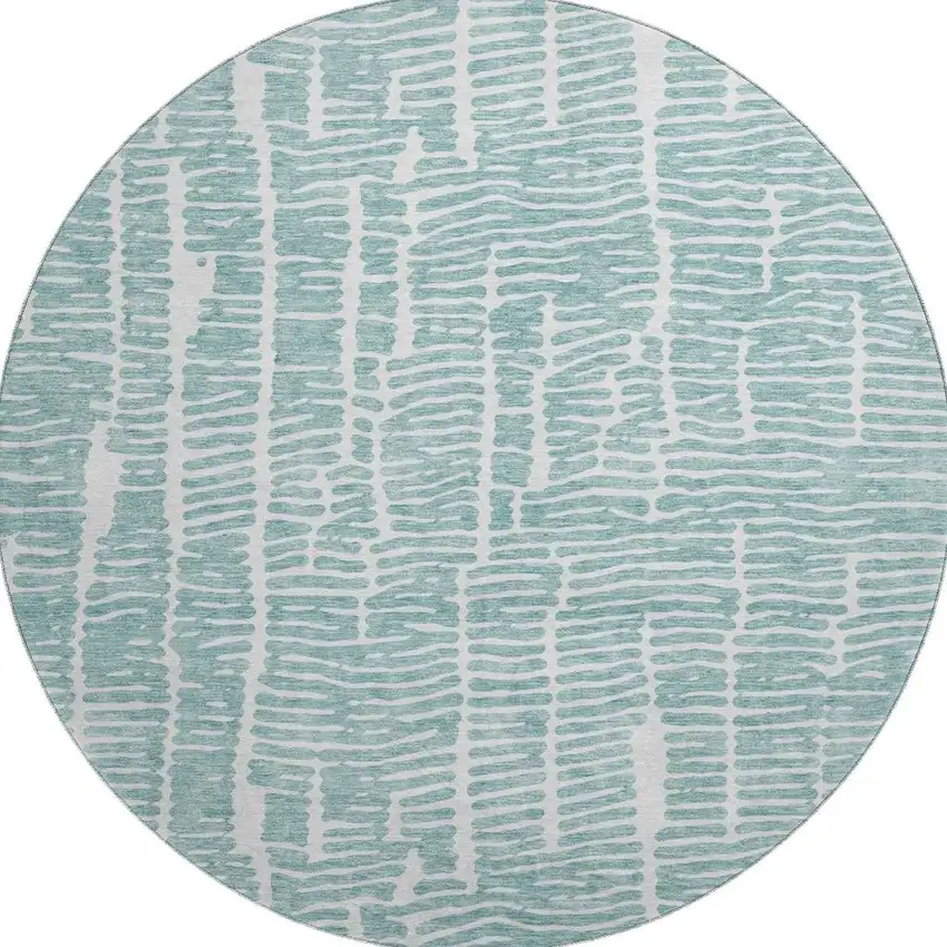 8' Teal And Ivory Vermicular Washable Round Rug With UV Protection Photo 4