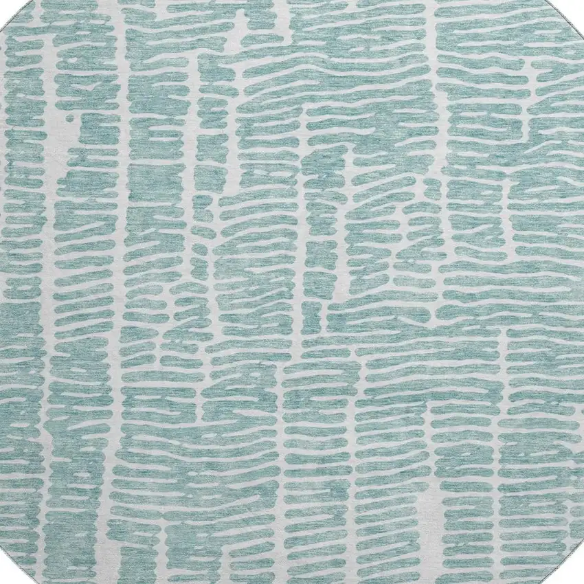 8' Teal And Ivory Vermicular Washable Round Rug With UV Protection Photo 3