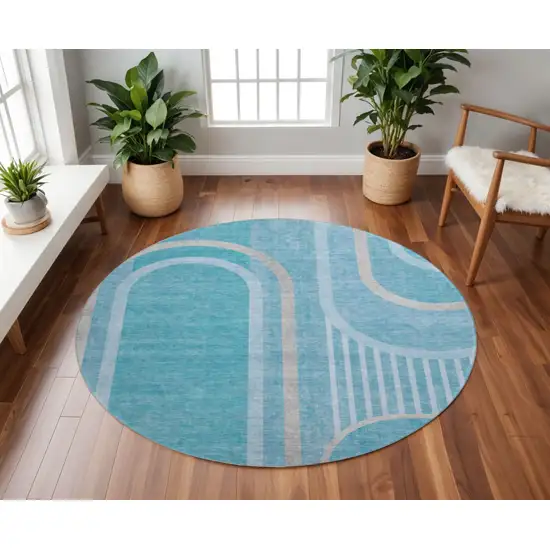 8' Teal And Khaki Geometric Washable Round Rug With UV Protection Photo 2