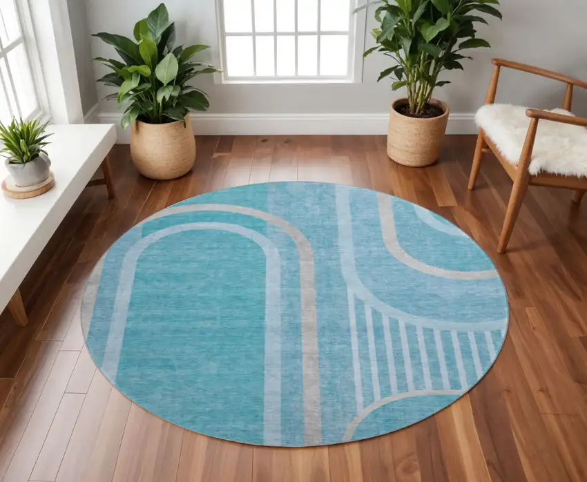 8' Teal And Khaki Geometric Washable Round Rug With UV Protection Photo 2