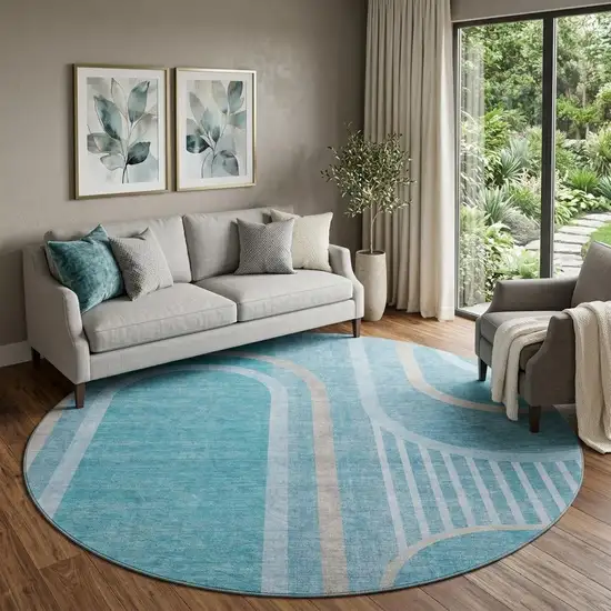 8' Teal And Khaki Geometric Washable Round Rug With UV Protection Photo 1