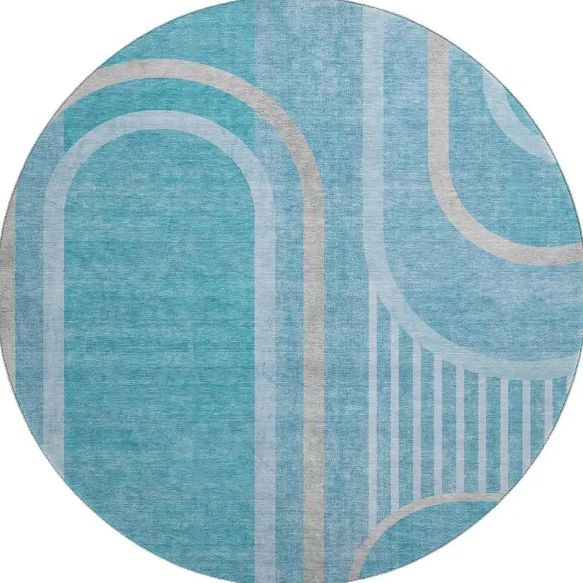 8' Teal And Khaki Geometric Washable Round Rug With UV Protection Photo 3