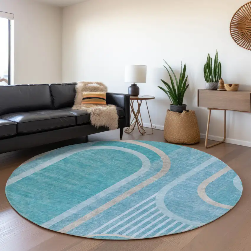 8' Teal And Khaki Geometric Washable Round Rug With UV Protection Photo 5